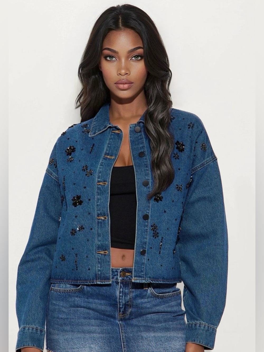 Lap Of Luxury Embellished Denim Shacket - Dark Wash